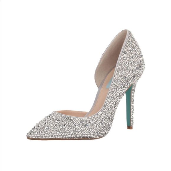 Rhinestone Pointed Toe Stiletto Dress Pump Heel with Blue Bottom - Picture 2 of 5